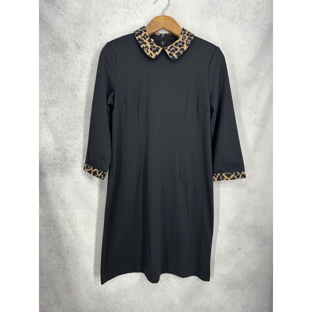 Talbots Refined Ponte Knit Black Leopard Collar 3/4 Sleeve Shift‎ Dress Size 14